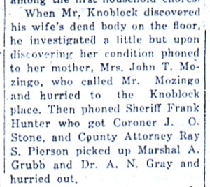 From "Skull Crushed and Throat Cut--Mrs. Knoblock is Found by Her Husband Saturday Afternoon," Daily Republican, June 1, 1925.