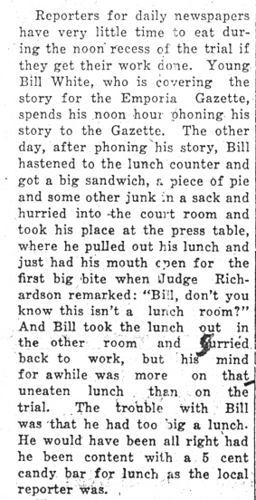 Everyone in the courtroom was fair game. John Redmond tattles on Gazette reporter Bill White in the January 18, 1926 Daily Republican.