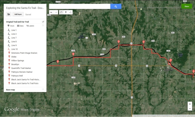 My very first Google Map Engine map. The black line is the Santa Fe Trail; the red line is the route we followed.