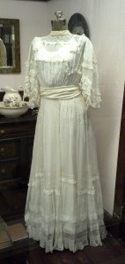 Three generations of women wore this wedding dress: Clarissa Allen wore it in 1908; her daughter Mary Jane Nesselrode wore it in 1940, and Mary Jane's daughter Clarissa May Mears wore it in 1964.