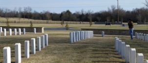 The graves of 13 Confederate Soldiers are set at an angle to the otherwise straight rows.