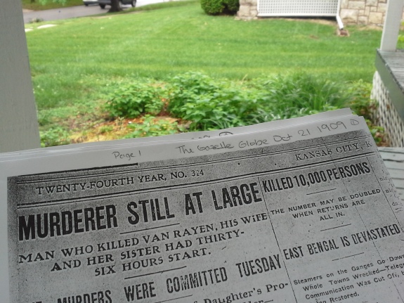Spending a rainy afternoon on the front porch reading newspaper clippings from more than 100 years ago. 