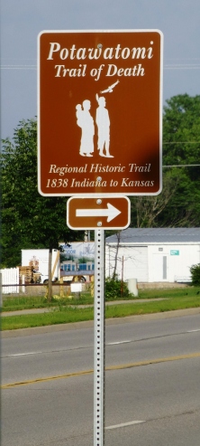 Potawatomi Trail of Death directional road sign.